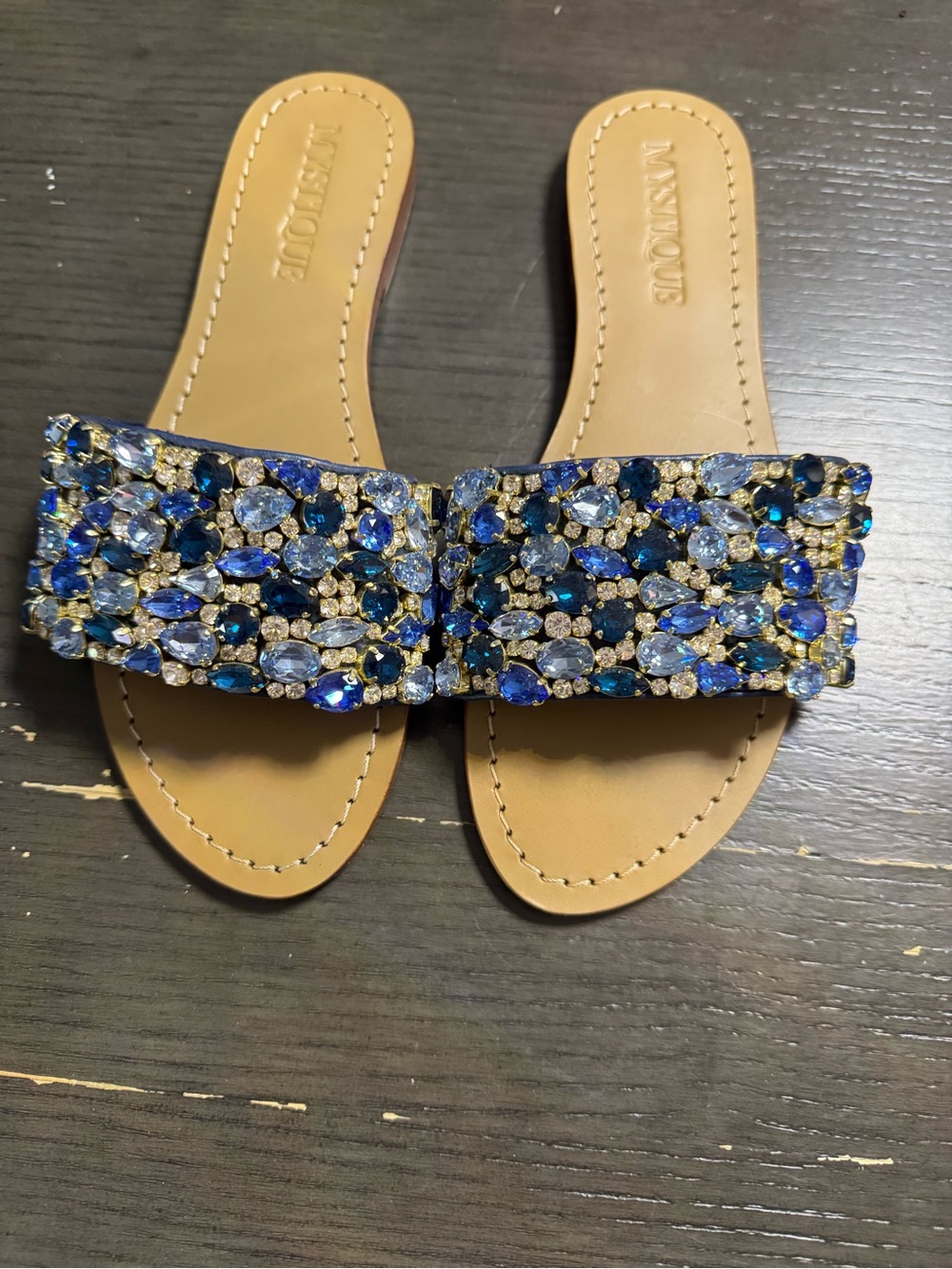 Mystique Embellished Blue Crystal Slide Sandals - fits 8.5 to 9 Womens